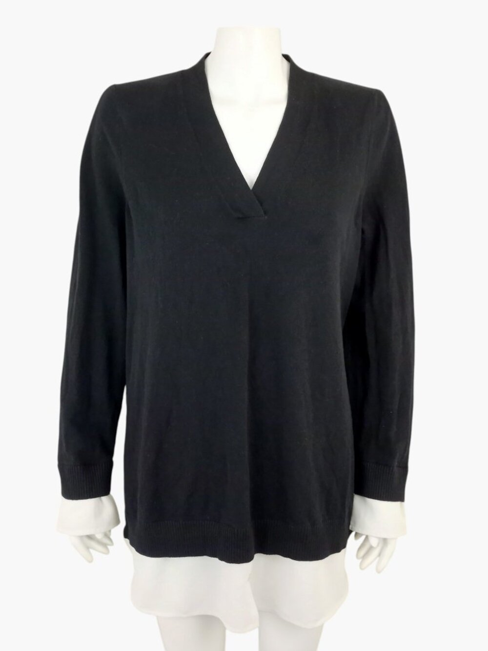 J Jill Black White V-Neck Twofer Faux Layer Pullover Knit Sweater Womens L